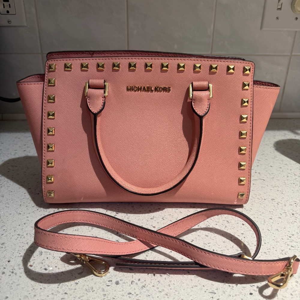 Authentic Michael Kors Studded Leather Satchel (P… - image 1